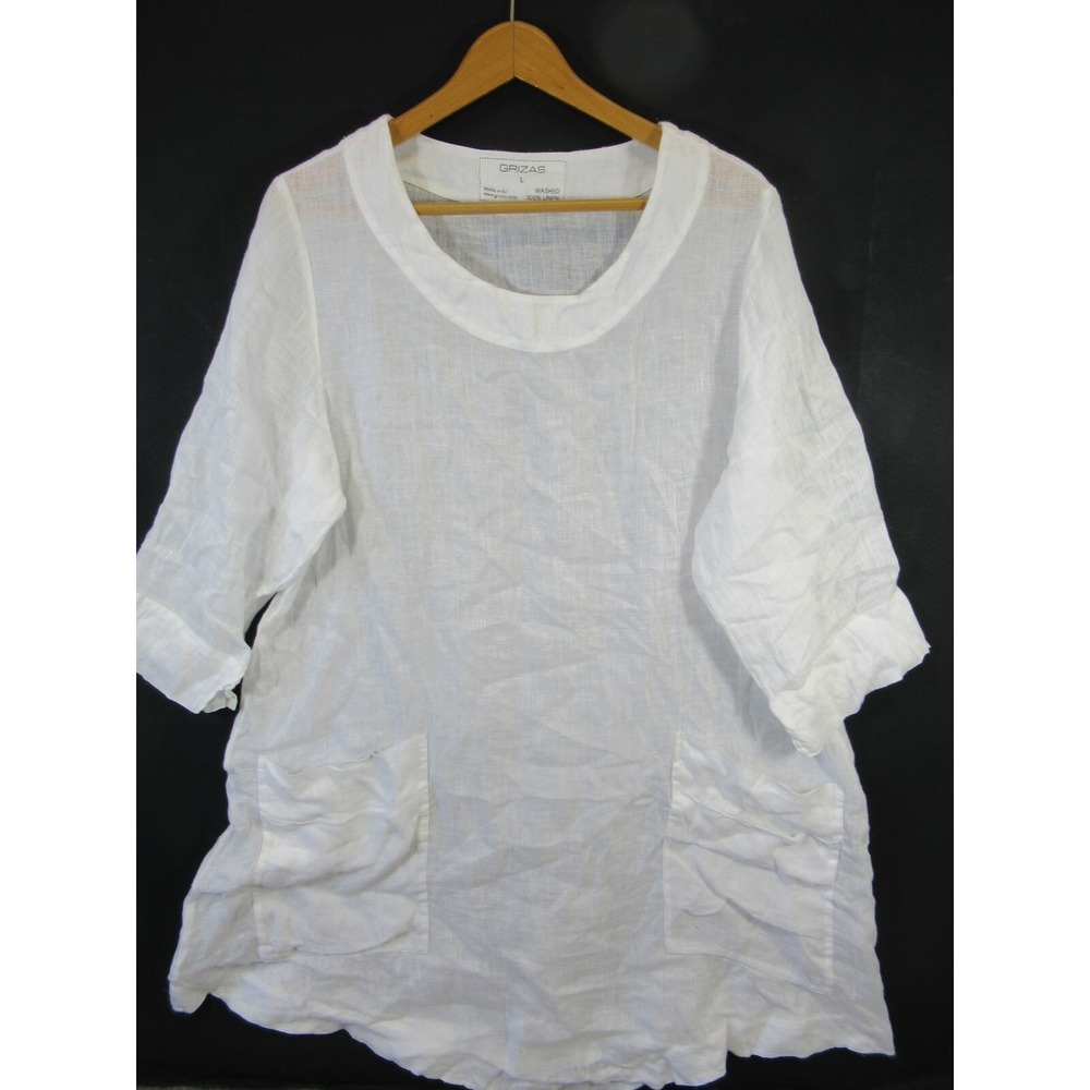 Grizas White Linen Tunic Women Large Lagenlook Oversized Lightweight